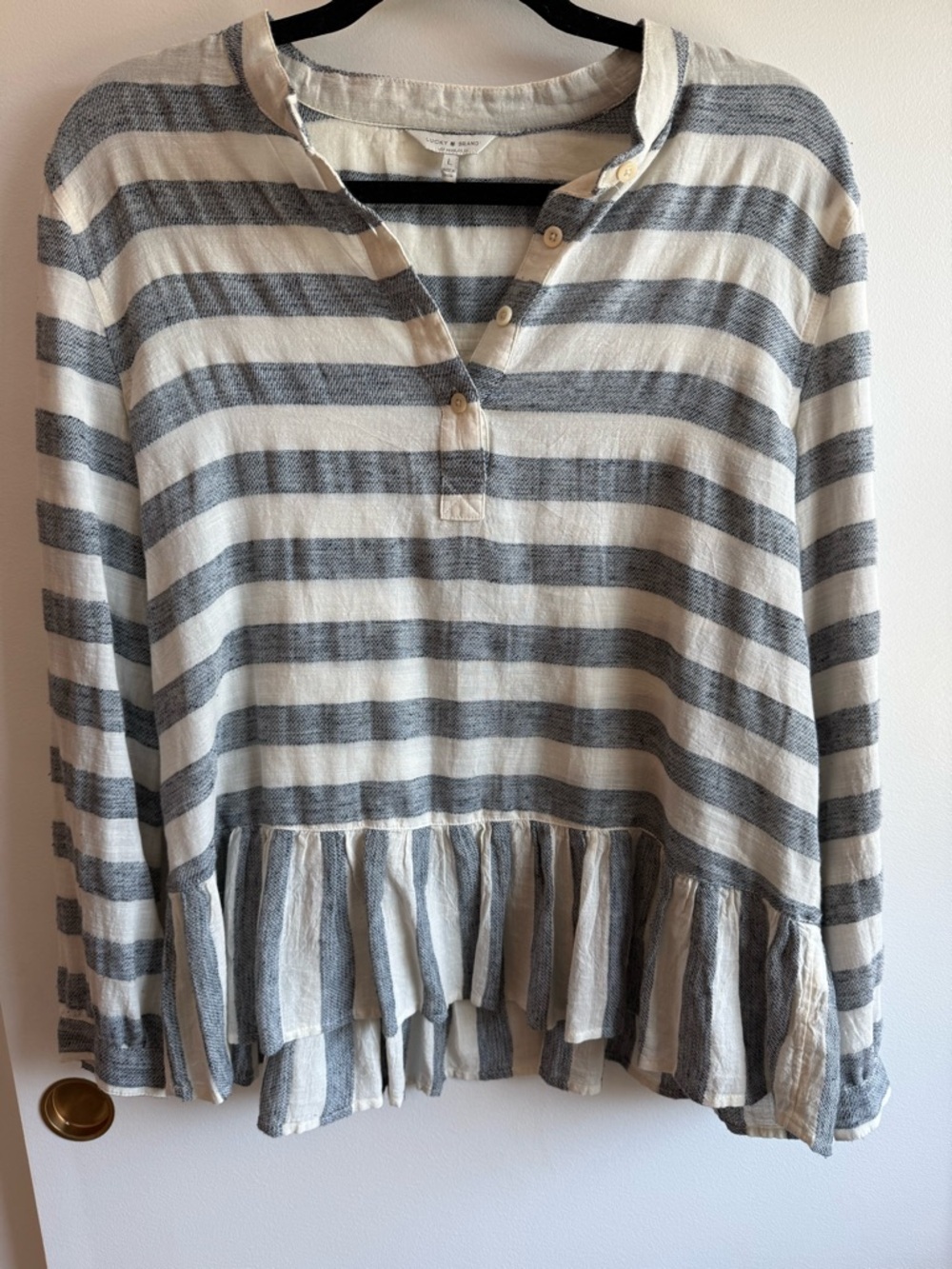 Lucky Brand Cream and Gray Striped Ruffle-Hem Henley Tunic